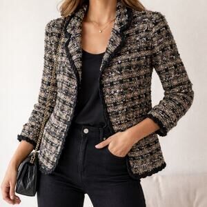 Dress Barn Black Multicolor Tweed Plaid Textured Blazer Jacket Sz L